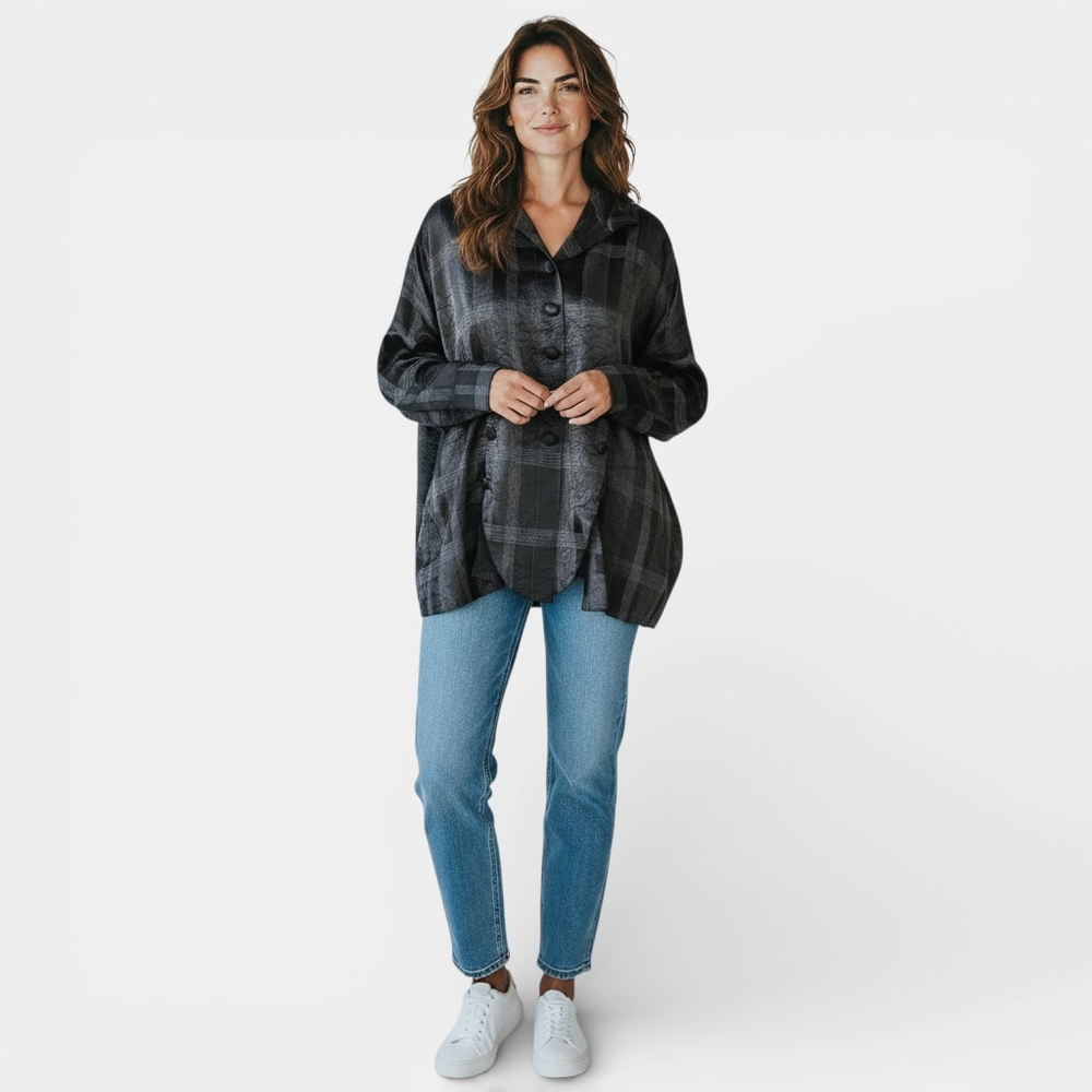 Joseph Ribkoff Black White Plaid Long sleeves Button-Up Satin Blouse Women Sz 8